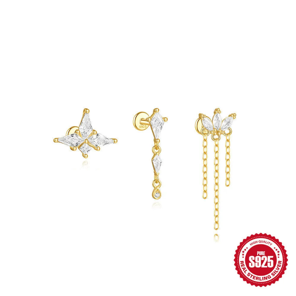 S925 sterling silver geometric kite earrings with rhinestone chain tassel in gold plating
