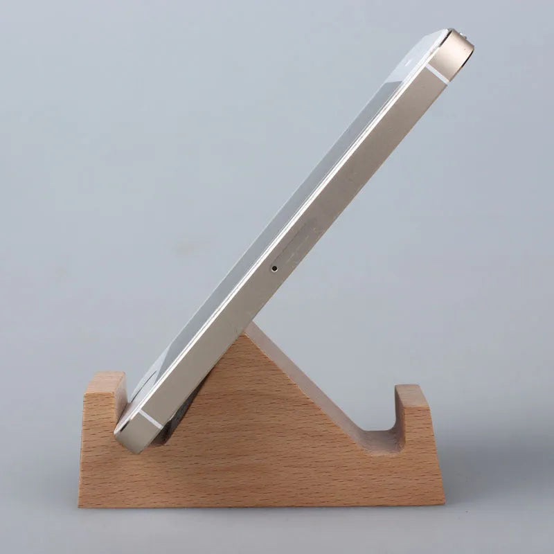 Beech wood mobile phone holder with coin slot showing adjustable angle and resin decorative elements