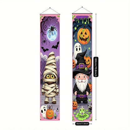 Pair of Halloween couplet hanging flag decorations measuring 30x180cm made from polyester fabric