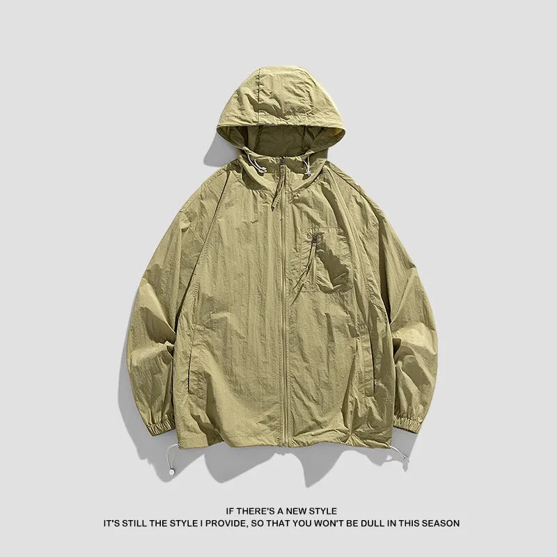 Lightweight spandex sun protection jacket for men and women with a hood, shown in caramel colour
