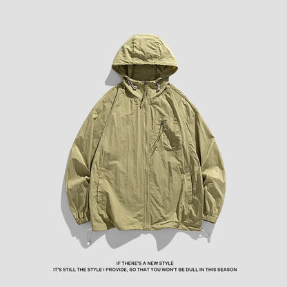 Lightweight spandex sun protection jacket for men and women with a hood, shown in caramel colour