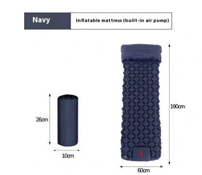 LT-88 navy blue inflatable sleeping pad showing 190cm length and integrated foot strap pillow design