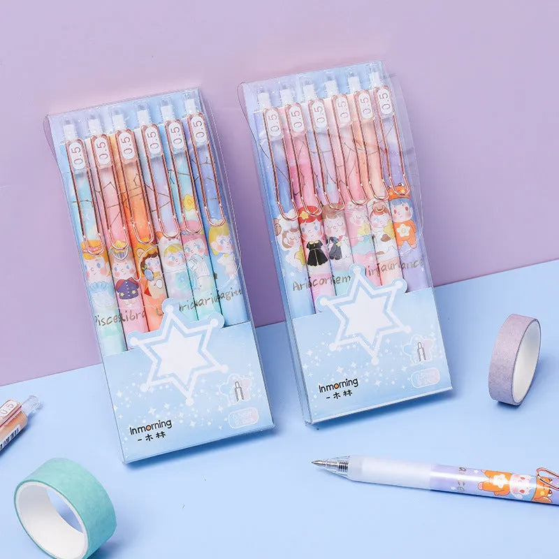 Set of six constellation-themed press gel pens with 0.5mm tips in two cartoon style choices.