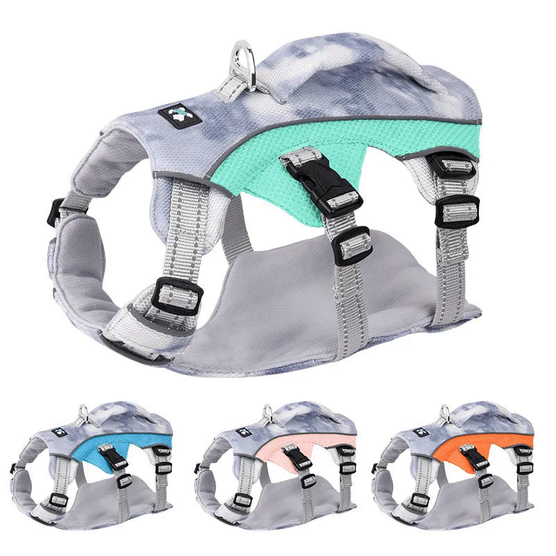 Reflective pet cooling chest strap in light blue, adjustable for dogs, with reflective strips for safety.