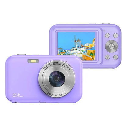 Home HD digital children camera in purple colour showing 2.4-inch screen and lens, measuring 8.5cm wide