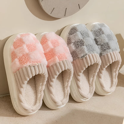 Women's plaid pattern plush slippers with coral velvet upper and non-slip sole in multiple colour options