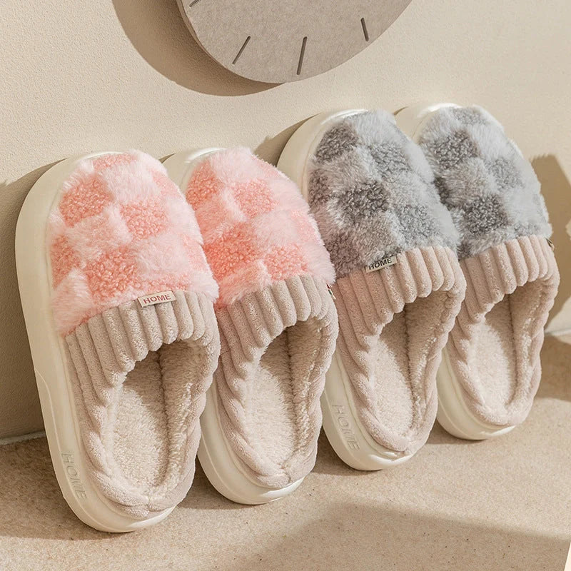 Women's plaid plush slippers with soft sole and non-slip design in various colors