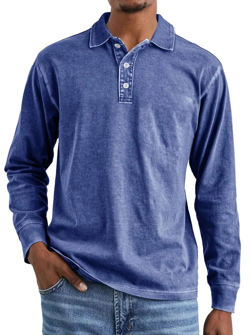 Retro washed distressed cotton lapel long sleeve polo shirt in various colours and sizes