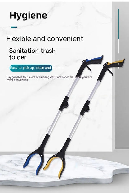 Foldable aluminium garbage clamp with extended pole and magnet sucker on blue handle.
