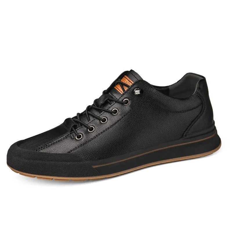 Men's white matte leather casual shoes with a round toe and 6cm flat heel, showing hollow-out detail on the upper.