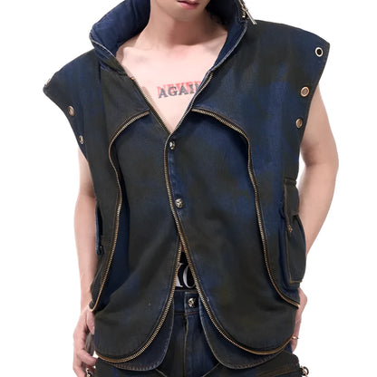 Blue hooded denim vest coat with front zip worn with matching trousers in a two-piece set.