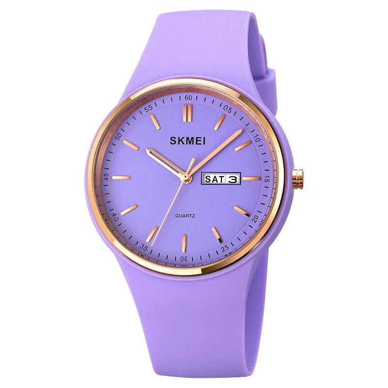 Silicone quartz watch for female students with 42mm dial in six colour options.