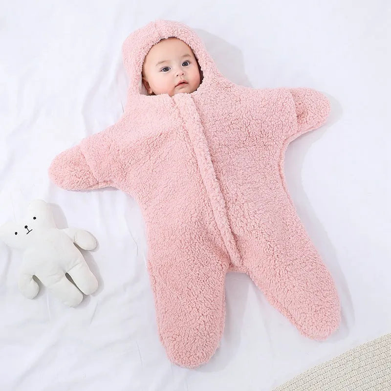 Baby winter sleeping bag with starfish print in lambswool velvet and cotton for newborns 0-6 months