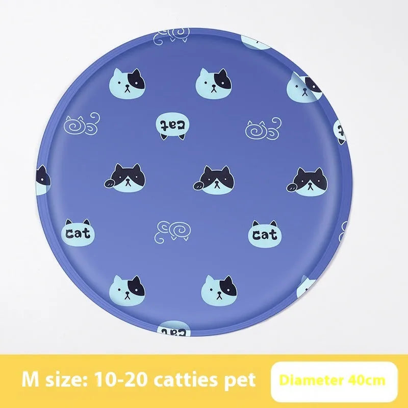 Round pet cooling mat with cartoon dog designs in blue and beige colour options