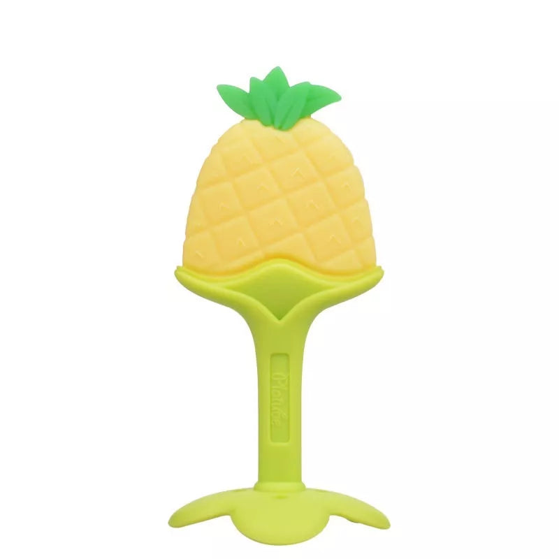 Food grade silicone banana teether toy for babies in yellow, pink, and blue