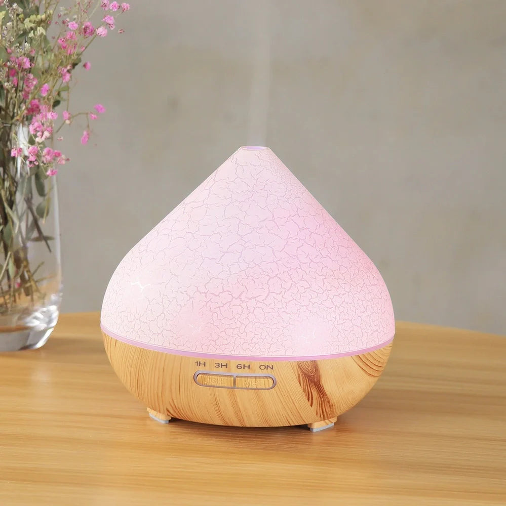 Crackle finish humidifier with wood grain pattern and single fog outlet