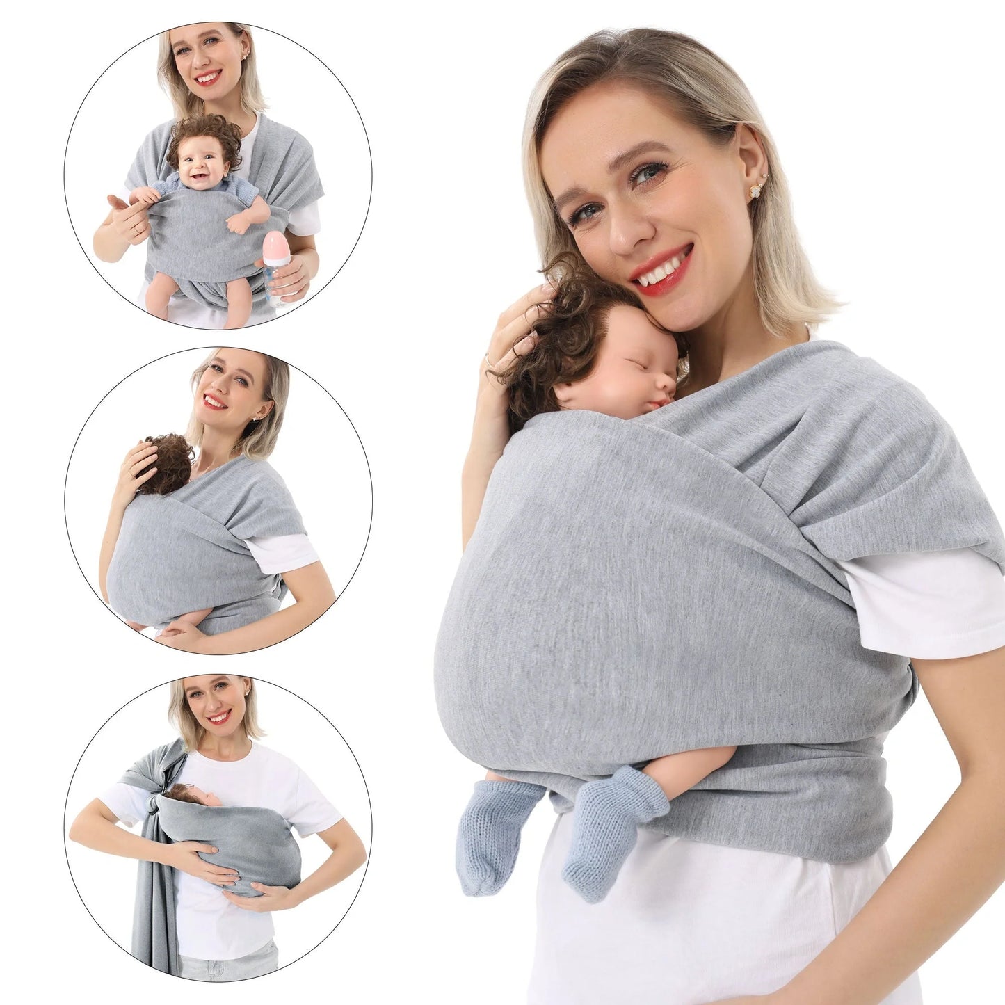 Multi-functional baby carrier wrap in various colors for front and back carrying