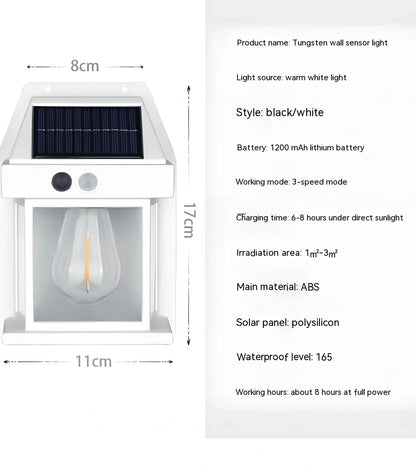 Black solar garden wall lamp with waterproof IP65 rating and automatic light sensor for outdoor installation