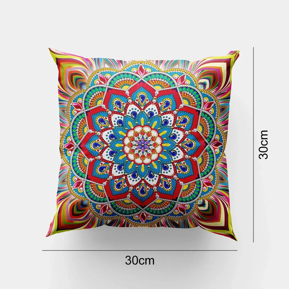 Handmade mandala pattern cushion cover with diamond painting accessories on wooden table