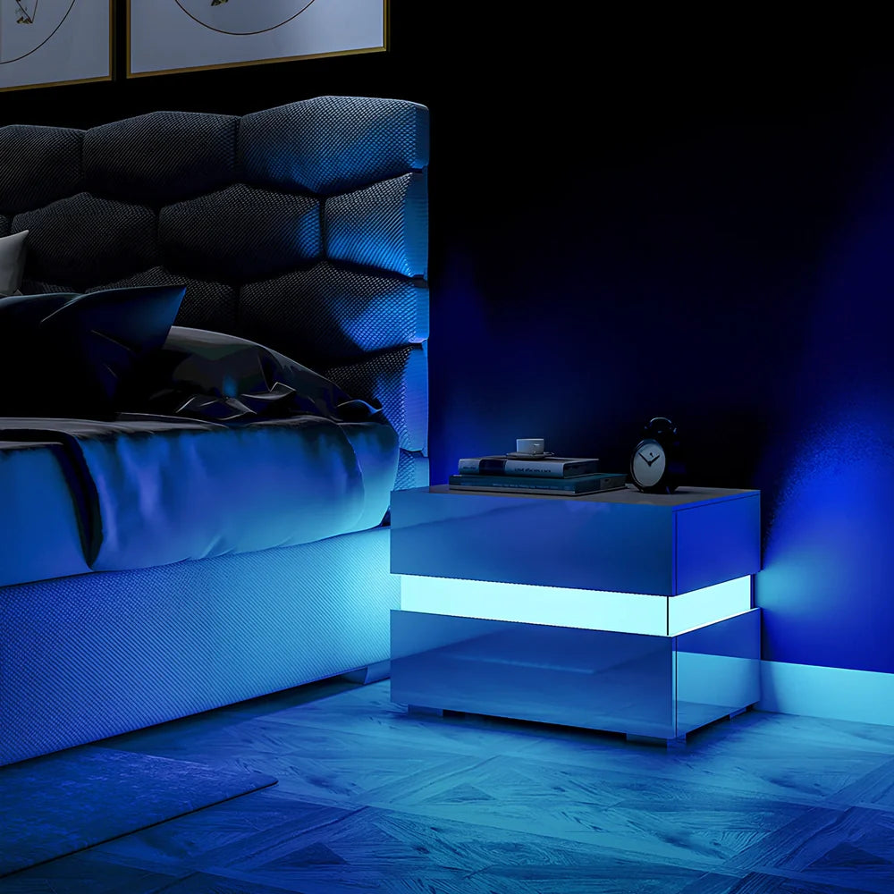 White minimalist two-drawer bedside chest with integrated RGB LED lighting