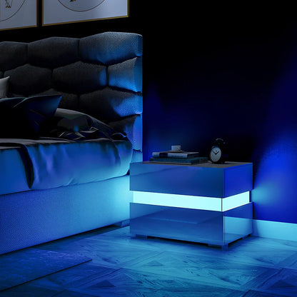 White minimalist two-drawer bedside chest with integrated RGB LED lighting