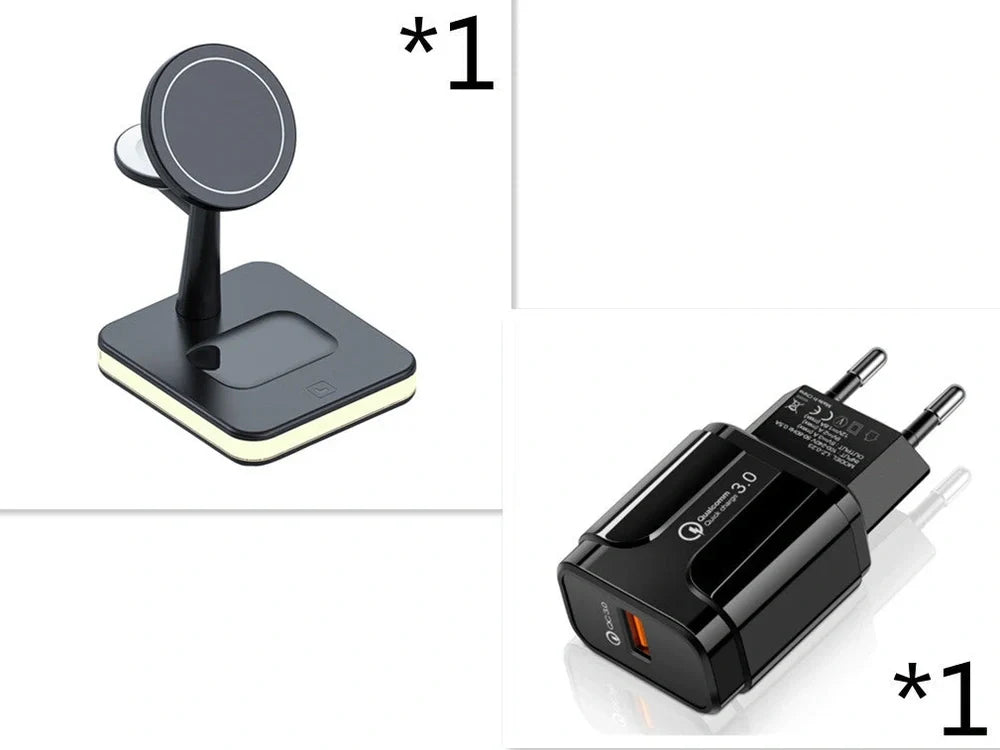 Black three-in-one wireless charger magnetic bracket on a desk charging multiple devices