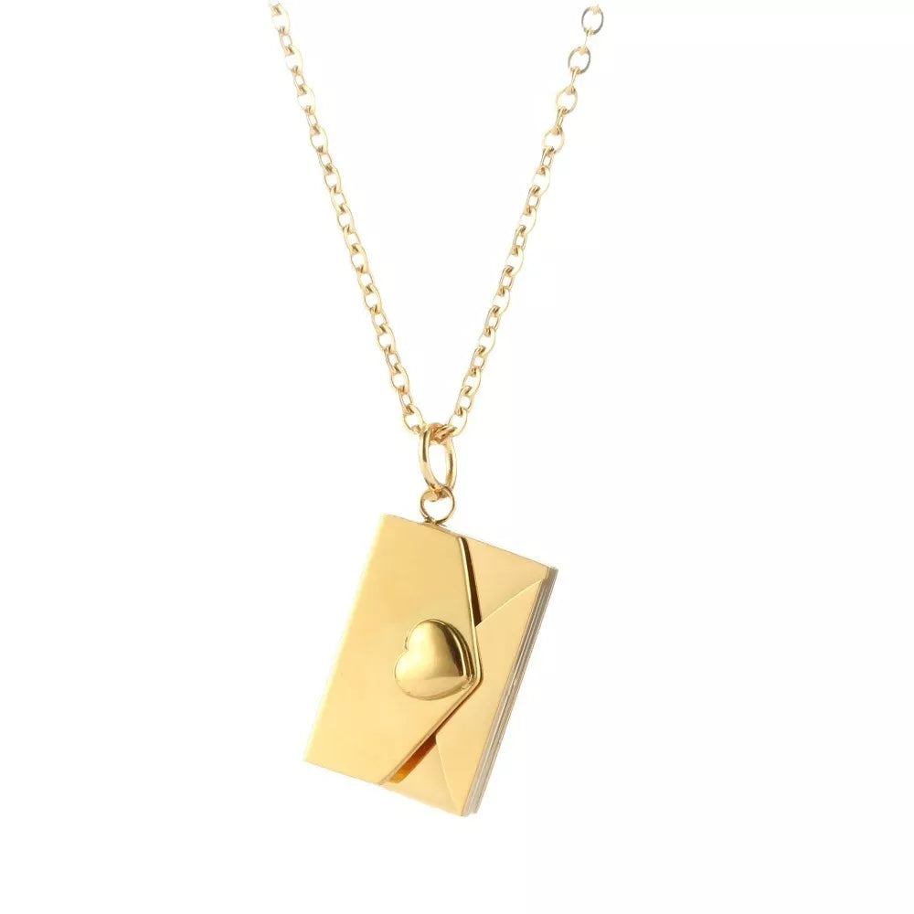 Custom engraved peach heart envelope necklace in titanium steel with personalization options