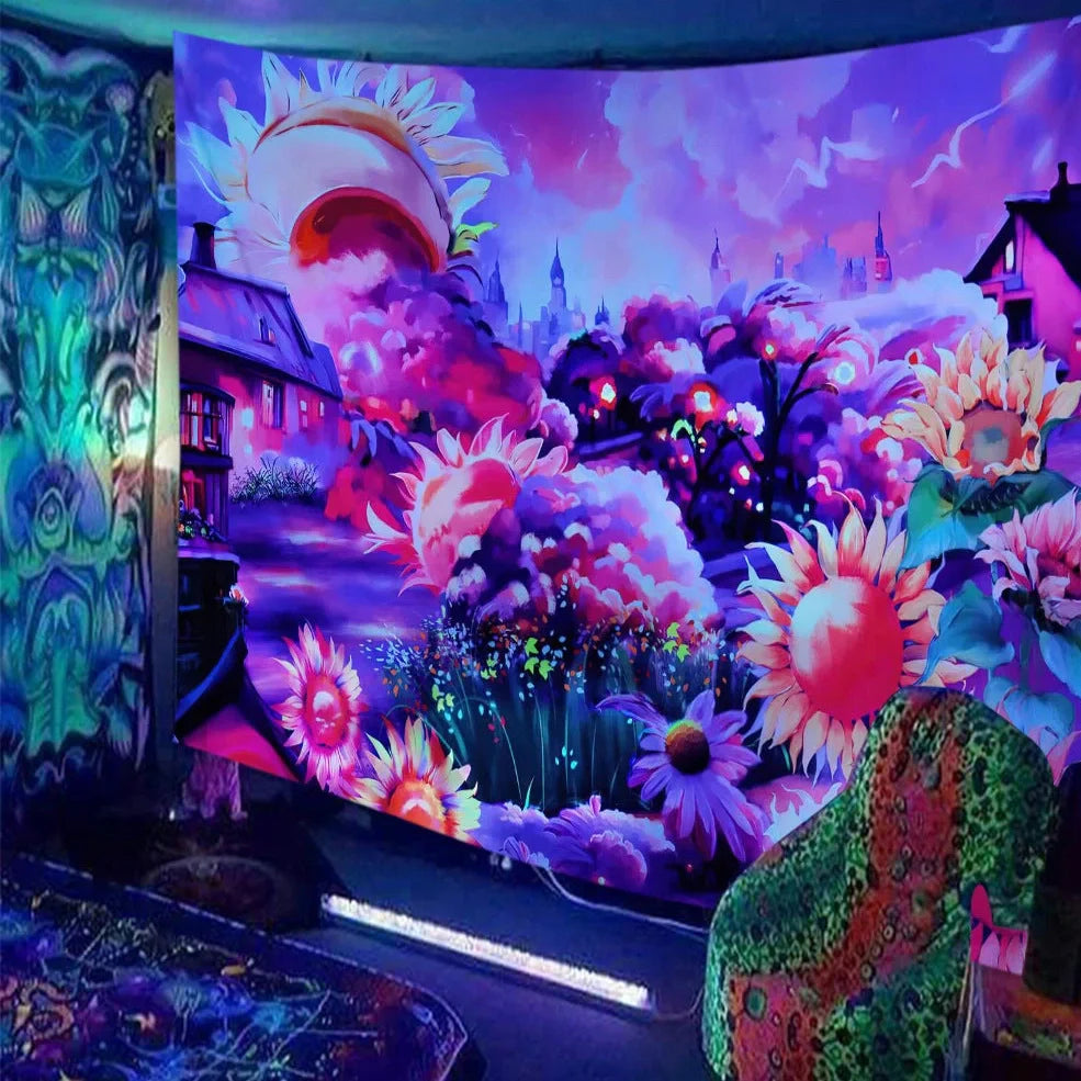 Skull print fluorescent wall tapestry showing detailed pattern on polyester fabric with hanging accessories