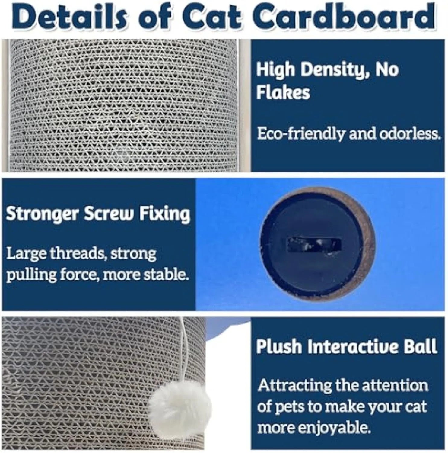 Grey cat using corner scratching pad with hanging ball in room corner