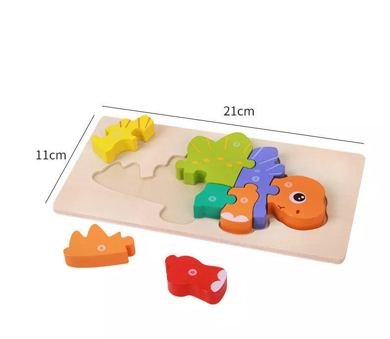 Wooden dinosaur 3D puzzle set for kids, including six different dinosaur models