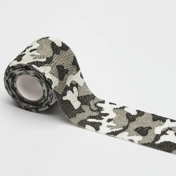 Roll of non-woven elastic camouflage bandage tape in a forest pattern, 4.5 metres long and 5cm wide.