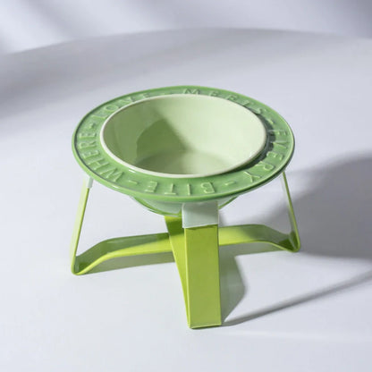 Ceramic cat bowl with iron anti-tip frame in blue colour with silicone pad