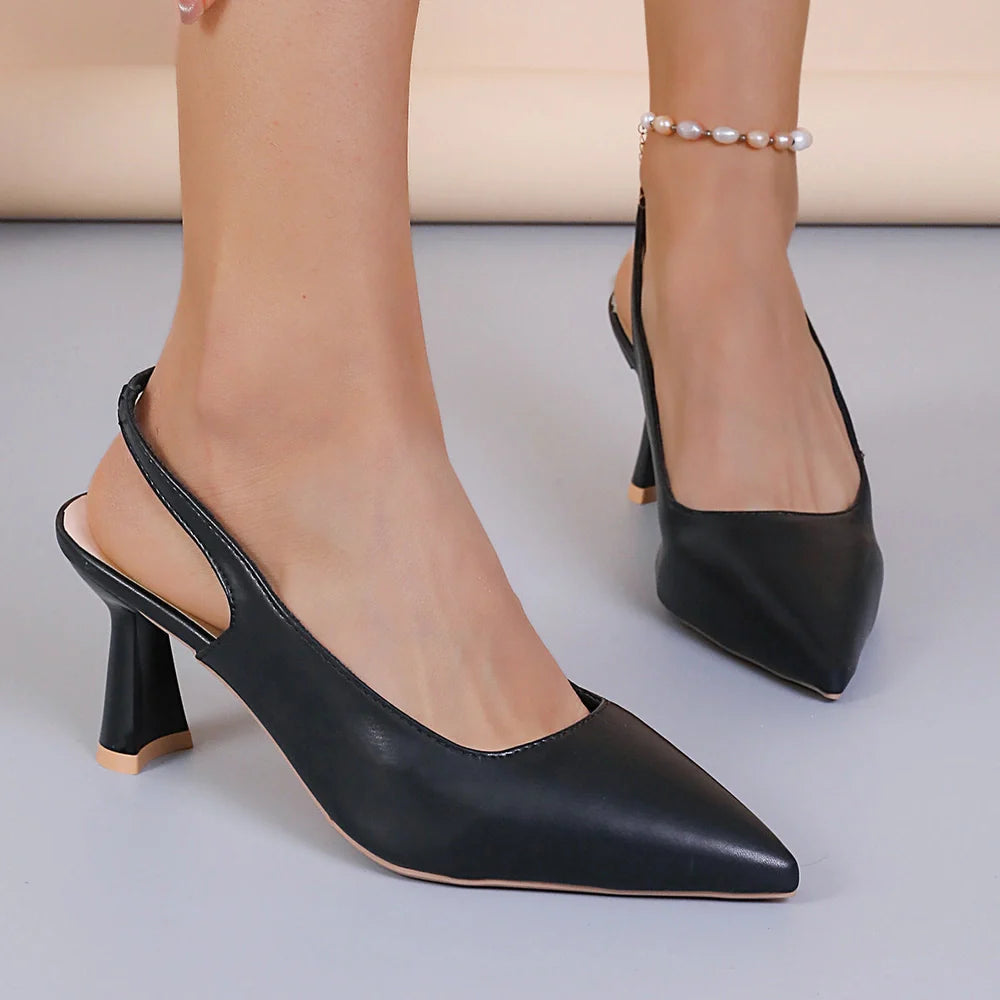 Baotou slingback sandals with pointed toes and elastic band closure in black, creamy-white, or apricot