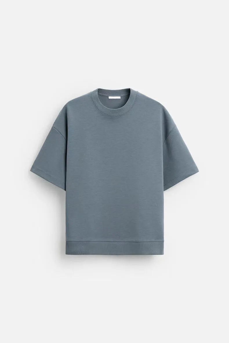 Loose double-sided cloth texture short sleeve set with round collar and matching shorts in blue colour