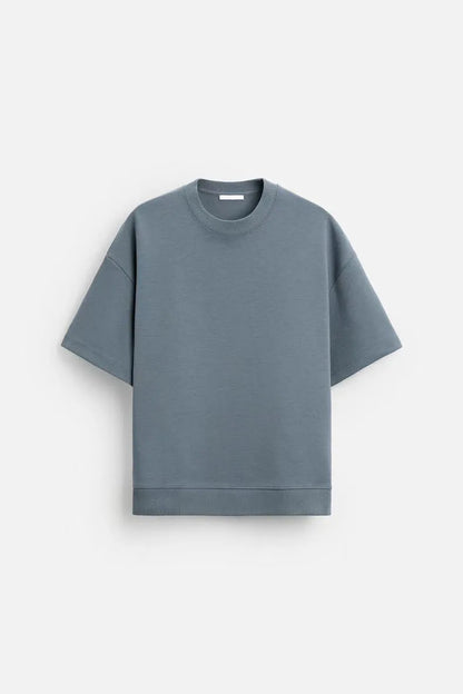 Loose double-sided cloth texture short sleeve set with round collar and matching shorts in blue colour
