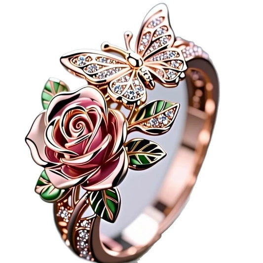 Adjustable alloy ring with colourful dripping oil finish, butterfly, and floral motifs on a finger