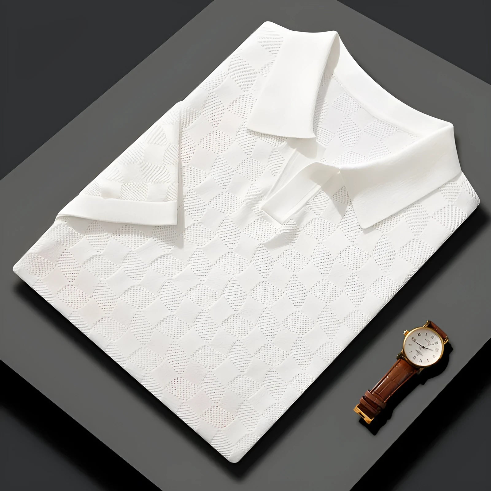 Men's short sleeve lapel sweater in mulberry silk jacquard fabric, solid colour.
