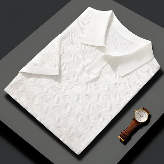 Men's short sleeve lapel sweater in mulberry silk jacquard fabric, solid colour.