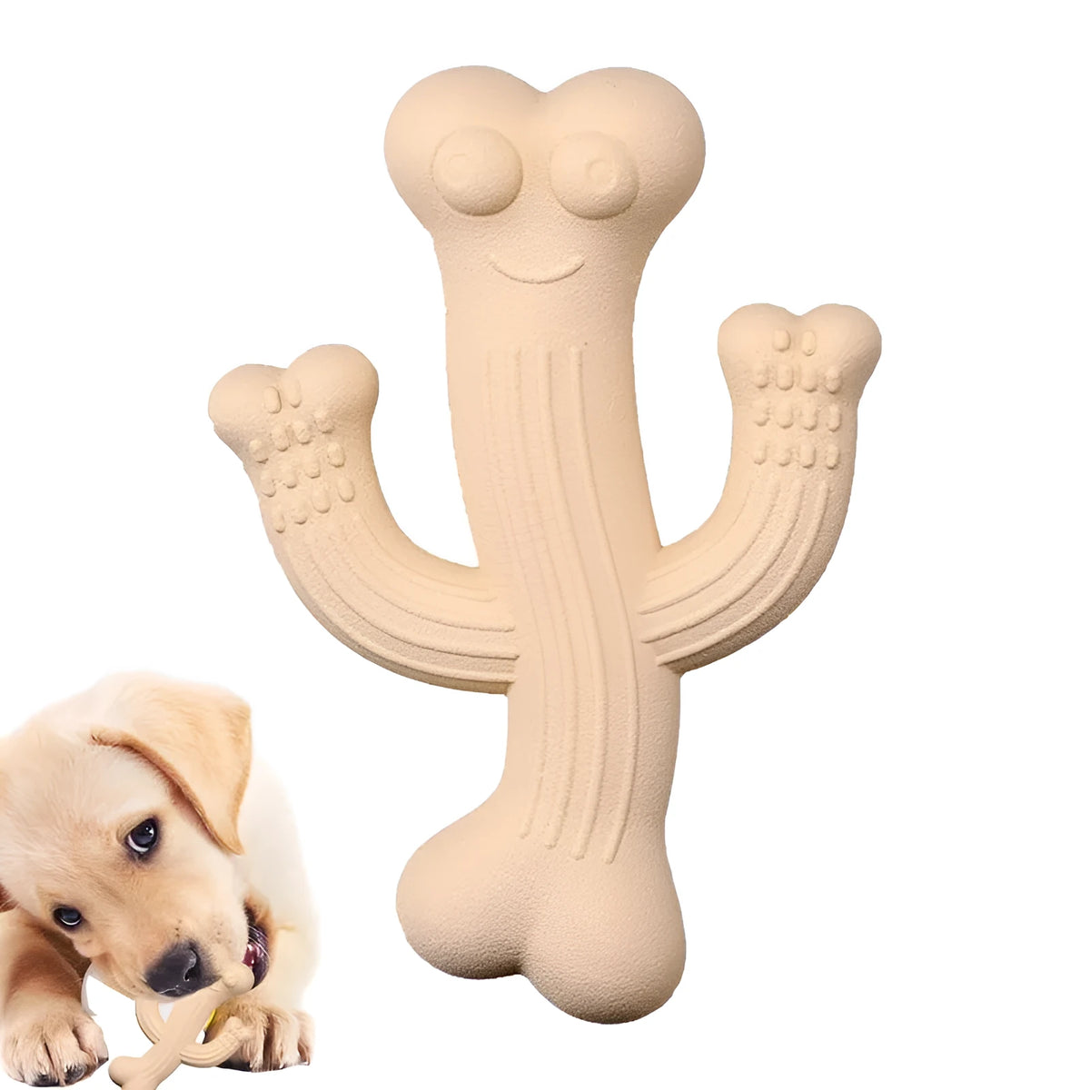 Beige cactus-shaped dog chew toy made from bamboo fibre and rubber on a white background.
