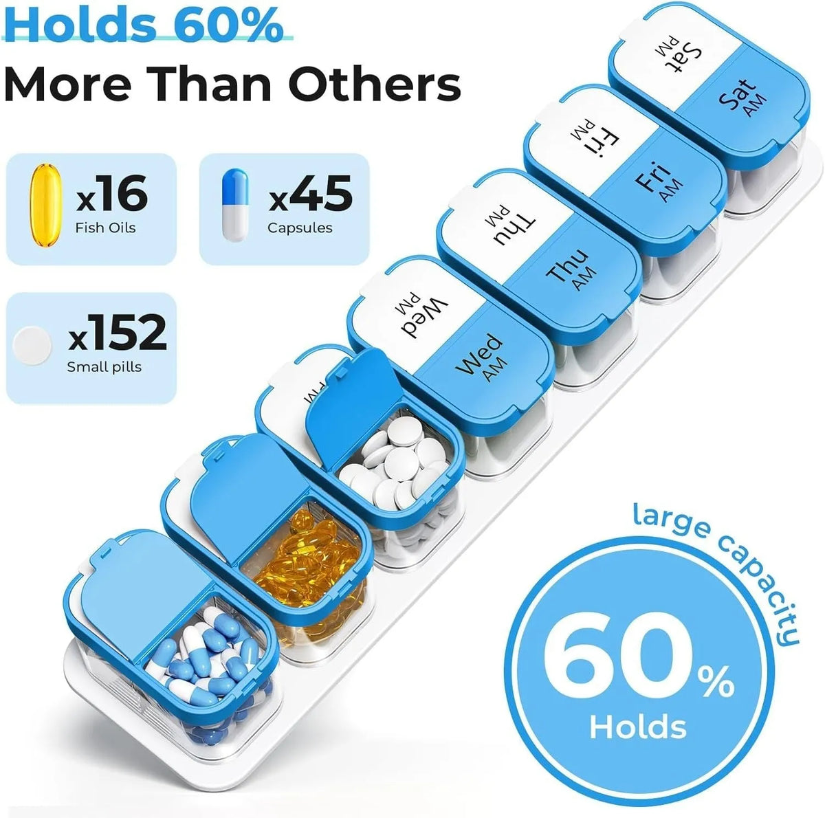 White and rainbow PP plastic pill box with 14 removable grids, showing 327mm length and detached compartments