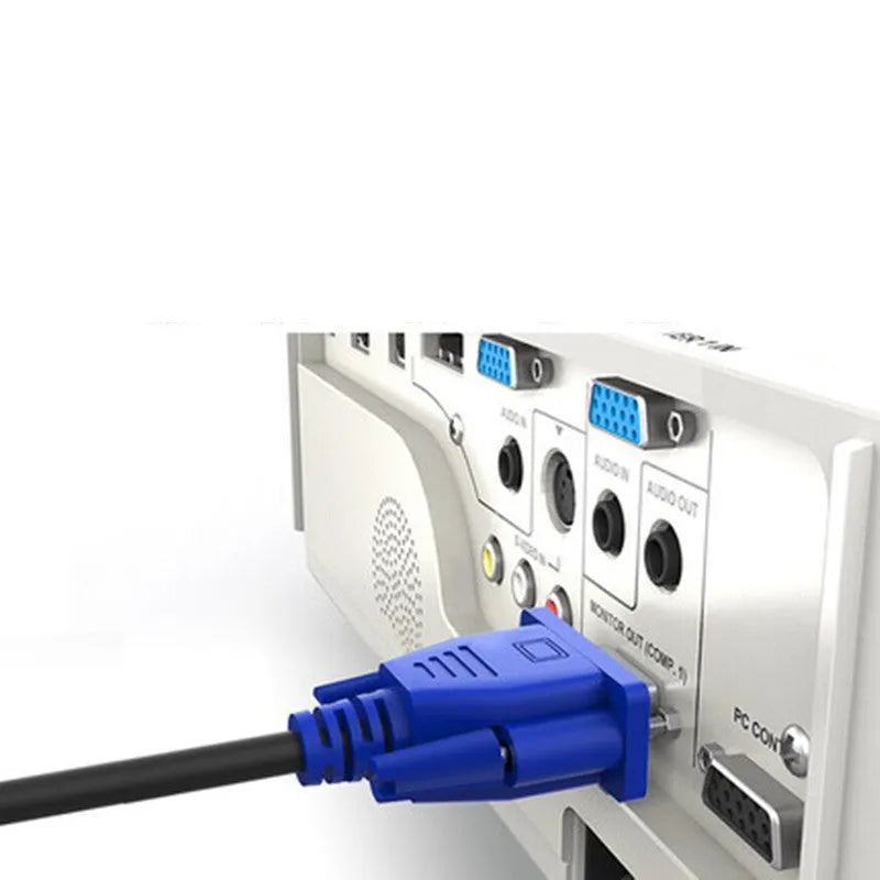 Black VGA cable with blue connector heads measuring 1.5 metres for computer to monitor connections