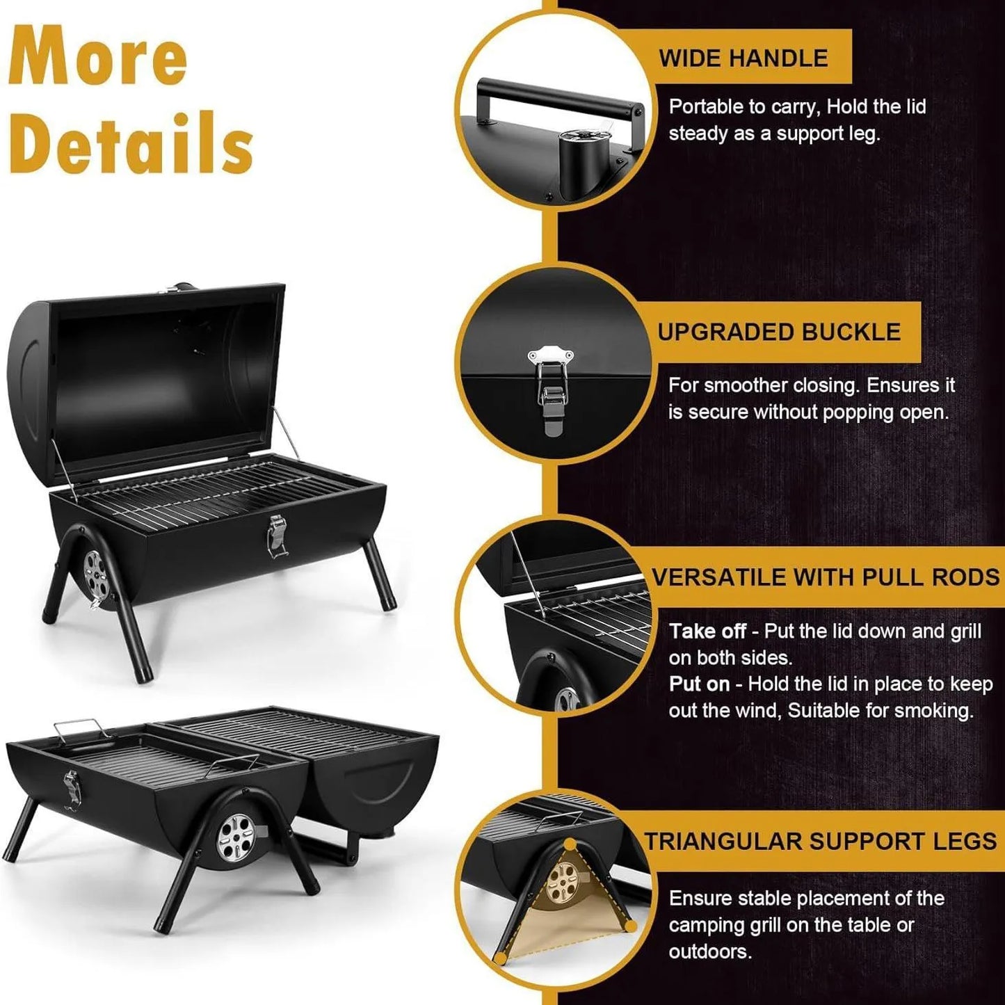 Small folding desktop charcoal barbecue showing 25cm cooking surface and compact 5cm folded thickness