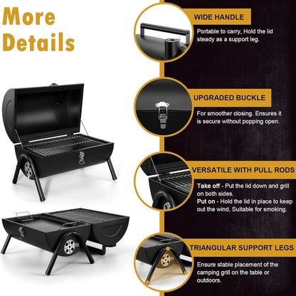 Small folding desktop charcoal barbecue showing 25cm cooking surface and compact 5cm folded thickness