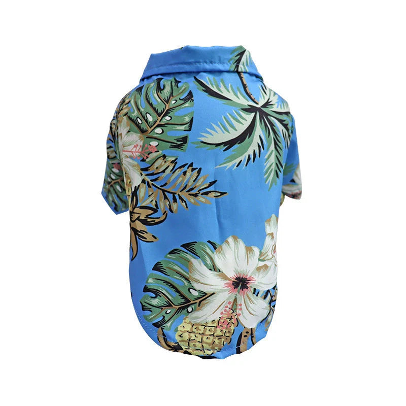 Breathable pet shirts featuring tropical pineapple, coconut tree, and Hawaiian-inspired prints