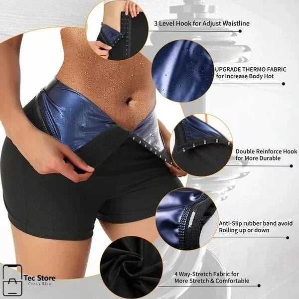 Premium slimming pants in silver and blue colors, featuring neoprene fabric and compression technology for a sculpted, hourglass silhouette