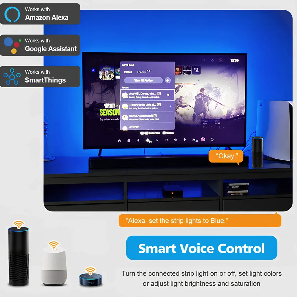 TV ambient light with 60 LED beads per metre, HDMI sync box, and light strips for screen background lighting