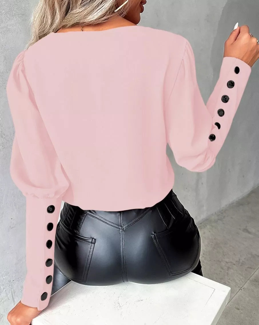 Women's V-neck long sleeve blouse with button design in various colors