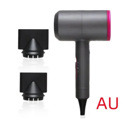 Black hotel hair dryer with 2.5m cable, concentrator nozzle, and multiple international plug adapters
