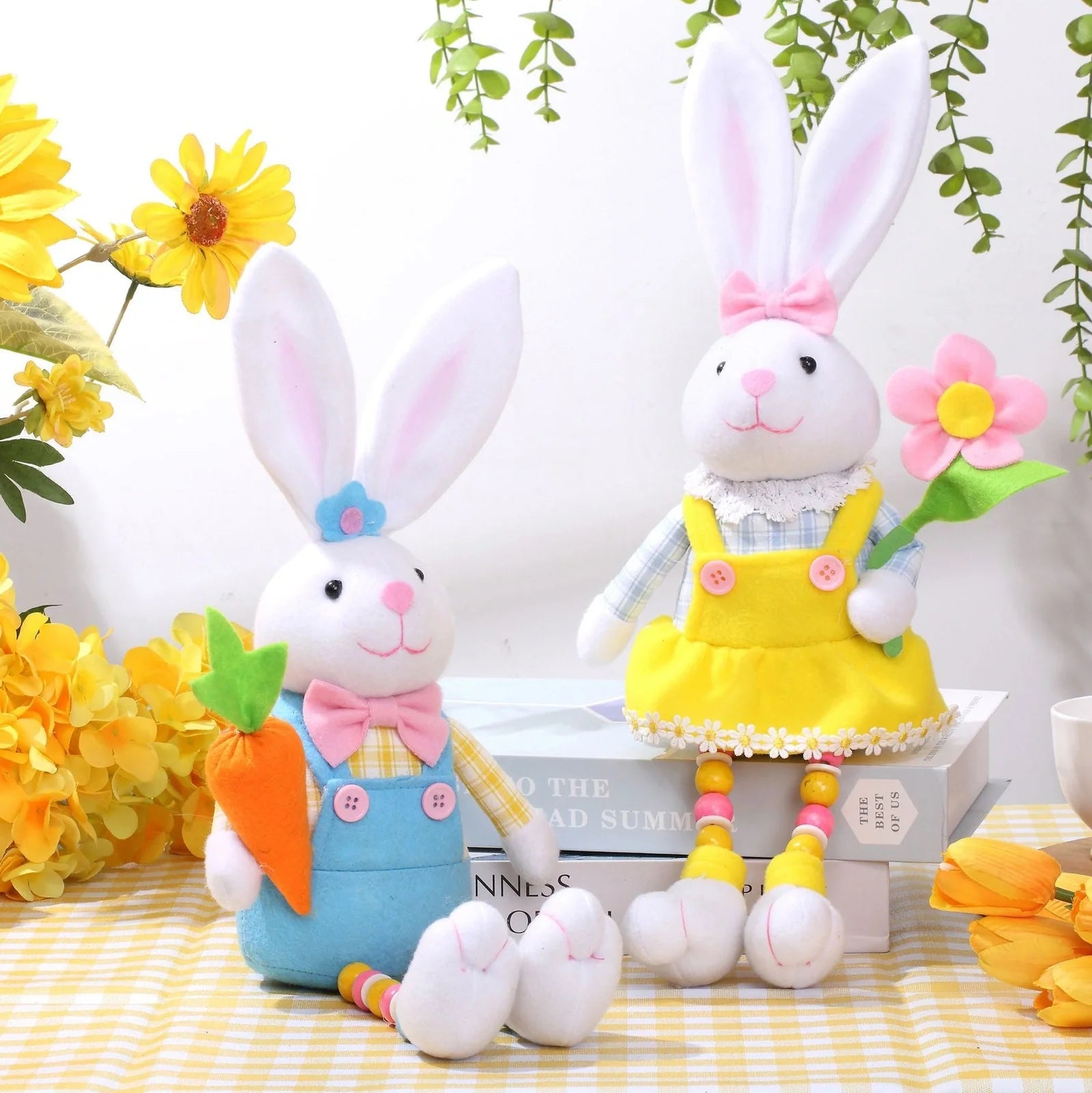 Hand-sewn Easter bunny doll ornament with non-woven fabric construction in radish or flower style