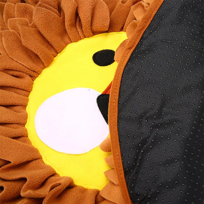 Brown lion-shaped sniffing pad measuring 33x25cm with 10cm depth for hiding pet treats
